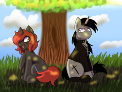 Size: 1200x900 | Tagged: safe, artist:yourpennypal, oc, oc:black cross, oc:penny, pony, unicorn, boots, clothes, crucifix, edgy, female, grass, jacket, jewelry, male, mare, necklace, shoes, sitting, smiling, stallion, tree
