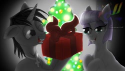 Size: 800x450 | Tagged: safe, artist:micaruss, maud pie, oc, oc:black cross, earth pony, pony, unicorn, g4, christmas, christmas tree, crucifix, female, gift giving, holiday, jewelry, male, mare, necklace, smiling, stallion, tree