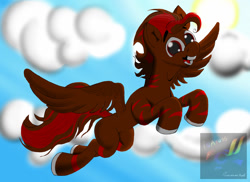 Size: 1024x747 | Tagged: safe, artist:micaruss, oc, oc only, oc:tootsie4ever, pegasus, pony, flying, male, solo, stallion, sunlight