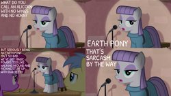 Size: 2000x1125 | Tagged: safe, edit, edited screencap, editor:quoterific, screencap, berry punch, berryshine, goldengrape, maud pie, sir colton vines iii, earth pony, pony, g4, season 8, the maud couple, earth pony magic, female, male, mare, maud the comedian, open mouth, sarcasm, stallion, stand-up comedy