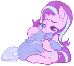 Size: 1299x1149 | Tagged: safe, artist:flutterbree, starlight glimmer, trixie, pony, unicorn, g4, comforting, crying, duo, duo female, female, floppy ears, holding a pony, horn, lesbian, open mouth, sad, ship:startrix, shipping, simple background, white background