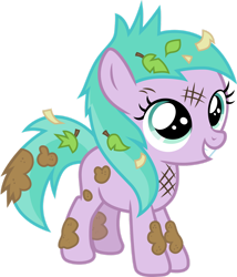 Size: 1280x1494 | Tagged: safe, artist:cloudy glow, aura (g4), earth pony, pony, g4, the mysterious mare do well, cute, female, filly, leaves, messy, mud, scratches, simple background, solo, transparent background, vector
