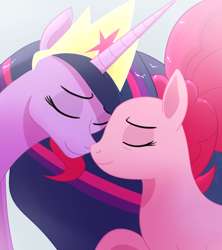Size: 640x720 | Tagged: safe, artist:imperiialfrost, pinkie pie, twilight sparkle, alicorn, earth pony, pony, g4, the last problem, alternate universe, crown, cute, duo, ethereal mane, eyes closed, female, jewelry, lesbian, love, nuzzling, older, older pinkie pie, older twilight, older twilight sparkle (alicorn), princess twilight 2.0, regalia, ship:twinkie, shipping, simple background, smiling, twilight sparkle (alicorn)