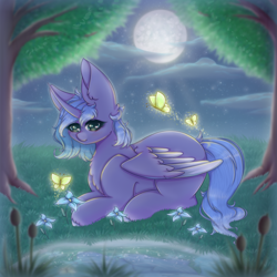 Size: 1500x1500 | Tagged: safe, artist:saltyvity, princess luna, alicorn, butterfly, pony, g4, cute, flower, moon, night, sky, sparkles, tree, water