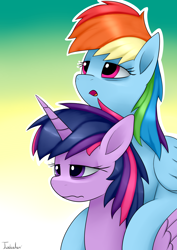 Size: 2480x3507 | Tagged: safe, artist:twidasher, rainbow dash, twilight sparkle, alicorn, pegasus, pony, g4, bags under eyes, duo, female, gradient background, high res, lesbian, lidded eyes, messy mane, open mouth, ponies riding ponies, rainbow dash riding twilight, riding, ship:twidash, shipping, signature, tired, twilight sparkle (alicorn), wavy mouth