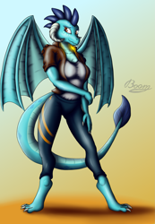 Size: 1917x2778 | Tagged: safe, artist:bomzzzik, princess ember, dragon, anthro, g4, breasts, busty princess ember, clothes, digital art, dragon wings, dragoness, female, lizard breasts, solo, wings