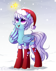 Size: 2155x2719 | Tagged: safe, artist:kannakiller, fleetfoot, pegasus, pony, g4, christmas, christmas stocking, clothes, commission, commissioner:fleetfoot, cute, diafleetes, eye clipping through hair, female, happy, hat, high res, holiday, looking at something, mare, open mouth, santa hat, smiling, snow, socks, solo, standing, stars, wing hands, wings