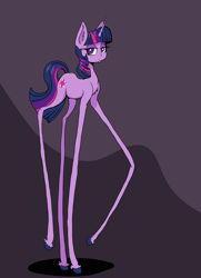 Size: 4496x6224 | Tagged: safe, artist:paskanaakka, derpibooru exclusive, twilight sparkle, pony, unicorn, g4, abstract background, chest fluff, colored hooves, female, floppy ears, impossibly long legs, lidded eyes, long legs, mare, smiling, solo, thin legs, unicorn twilight, unshorn fetlocks