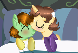 Size: 3535x2421 | Tagged: safe, artist:doraeartdreams-aspy, oc, oc:aspen, oc:ryan, alicorn, earth pony, pony, alicorn oc, bed, bodysuit, catsuit, clothes, couple, cuddling, eyes closed, female, forehead kiss, high res, hippie, horn, jewelry, kissing, male, necklace, peace suit, pillow, rubber suit, straight, wings