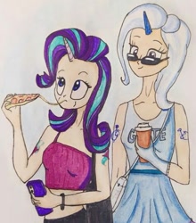 Size: 475x541 | Tagged: safe, artist:lunaart, starlight glimmer, trixie, human, g4, alternative cutie mark placement, both cutie marks, cheese pizza, cutie mark on human, food, height difference, horn, horned humanization, humanized, meat, pepperoni, pepperoni pizza, phone, pizza, shoulder cutie mark, tomato pizza
