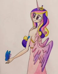 Size: 436x560 | Tagged: safe, artist:lunaart, princess cadance, alicorn, butterfly, human, g4, alternative cutie mark placement, clothes, cute, cutedance, cutie mark on human, dress, horn, horned humanization, humanized, shoulder cutie mark, solo, traditional art, winged humanization, wings