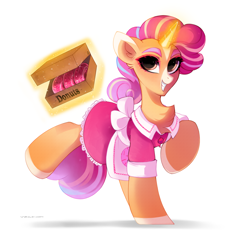Size: 1700x1800 | Tagged: safe, artist:zlatavector, oc, oc only, pony, unicorn, clothes, donut, dress, female, food, magic, mare, pink