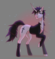 Size: 4221x4521 | Tagged: safe, artist:emalajissda, oc, oc only, oc:black cross, pony, unicorn, absurd resolution, boots, bottomless, clothes, colored pupils, commission, crucifix, ear piercing, earring, edgy, horn, jacket, jewelry, lidded eyes, male, necklace, piercing, raised hoof, sheath, sheathed, shoes, signature, solo, sparkles, stallion