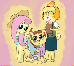 Size: 2048x1836 | Tagged: safe, artist:colorcodetheartist, fluttershy, oc, oc:butterscotch, hybrid, pegasus, pony, g4, abstract background, animal crossing, crossover, crossover shipping, female, interspecies offspring, isabelle, isashy, lesbian, magical lesbian spawn, mother and child, mother and daughter, offspring, parent:fluttershy, parent:isabelle, parents:isashy, shih tzu, shipping, story included