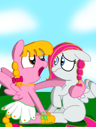 Size: 1080x1440 | Tagged: safe, artist:crossovercartoons, oc, oc only, oc:pony pegasus, pegasus, pony, artwork, bow, braided tail, clothes, cloud, digital art, drawing, duo, folded wings, grass, hair over one eye, hug, jewelry, looking at each other, missing cutie mark, necklace, nervous, open mouth, pink oc, raised hoof, shadow, shoes, sitting, skirt, spread wings, white oc, wings
