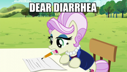 Size: 1200x675 | Tagged: safe, edit, edited screencap, screencap, rosetta, earth pony, pony, brotherhooves social, g4, caption, female, image macro, mare, mouth hold, paper, pencil, solo, text