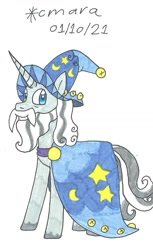 Size: 805x1313 | Tagged: safe, artist:cmara, star swirl the bearded, pony, unicorn, g4, beard, cape, clothes, facial hair, hat, male, moustache, simple background, solo, stallion, traditional art, unshorn fetlocks, white background, wizard hat