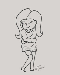 Size: 2900x3600 | Tagged: safe, artist:demitri, fluttershy, human, equestria girls, g4, clothes, cute, eyes closed, female, happy, high res, hoodie, hug, monochrome, oversized clothes, self-hugging, shyabetes, signature, sketch, smiling, socks, solo, thigh highs