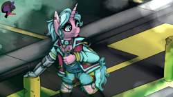 Size: 3840x2160 | Tagged: safe, artist:brainiac, derpibooru exclusive, oc, oc only, oc:candy chip, cyborg, unicorn, anthro, cybernetic arm, cyberpunk, female, high res, mare, practice, solo