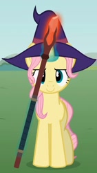 Size: 720x1280 | Tagged: safe, artist:agrol, fluttershy, pony, unicorn, let's start the game, g4, confident, cute, determined smile, hat, levitation, magic, race swap, shyabetes, staff, telekinesis, unicorn fluttershy, wizard, wizard hat