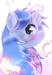 Size: 1430x2048 | Tagged: safe, artist:kurogewapony, oc, oc only, oc:slowly flame, pony, unicorn, blushing, bust, female, glowing horn, horn, looking at you, mare, smiling, solo