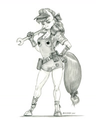 Size: 1000x1296 | Tagged: safe, artist:baron engel, apple bloom, earth pony, anthro, unguligrade anthro, g4, amputee, breasts, cleavage, clothes, female, gloves, hat, looking at you, pencil drawing, prosthetic arm, prosthetic leg, prosthetic limb, prosthetics, signature, solo, traditional art, wrench