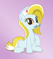 Size: 2652x2962 | Tagged: safe, artist:chomakony, oc, oc only, oc:nurse reisol, earth pony, pony, chest fluff, cute, female, gradient background, hat, high res, looking at you, mare, mouth hold, nurse, nurse hat, open mouth, raised hoof, show accurate, simple background, syringe