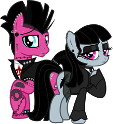 Size: 1377x1512 | Tagged: safe, artist:lightningbolt, oc, oc only, oc:goth lass, oc:punk dude, earth pony, 2021 community collab, derpibooru community collaboration, .svg available, bags under eyes, bridge piercing, choker, clothes, duo, dyed mane, dyed tail, ear piercing, earring, eyebrow piercing, eyeliner, eyeshadow, female, frown, goth, jewelry, lidded eyes, lip piercing, looking at you, makeup, male, mare, married couple, nose piercing, piercing, punk, raised hoof, safety pin, shirt, skirt, smiling, snake bites, stallion, svg, tail band, tattoo, undershirt, vector, vest, wristband