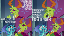 Size: 2000x1125 | Tagged: safe, edit, edited screencap, editor:quoterific, screencap, princess ember, thorax, changedling, changeling, dragon, g4, school daze, angry, dragoness, eyes closed, female, king thorax, open mouth, pointing
