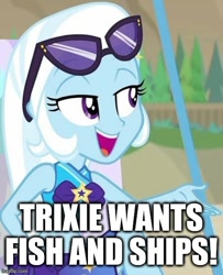 Size: 500x615 | Tagged: safe, trixie, equestria girls, equestria girls series, forgotten friendship, g4, clothes, sunglasses, sunglasses on head, swimsuit, text