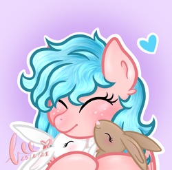 Size: 2688x2653 | Tagged: safe, artist:honeybee, cozy glow, pegasus, pony, rabbit, g4, a better ending for cozy, alternate hairstyle, animal, commission, cozybetes, cuddling, cute, eyes closed, female, filly, gradient background, heart, high res, ych result