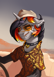 Size: 2480x3477 | Tagged: safe, artist:bilistitheles, artist:charlot, oc, oc:moonshine, pony, unicorn, bucket hat, chevrolet impala, choker, clothes, collar, convertible, desert, driving, fear and loathing in las vegas, female, hat, hawaiian shirt, high res, hunter s. thompson, movie reference, ray-ban shooter, shirt, sitting, smoking, stockings, thigh highs