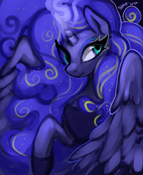 Size: 1024x1252 | Tagged: safe, artist:commander booty call, princess luna, alicorn, pony, g4, bust, ethereal mane, female, galaxy mane, glowing horn, horn, mare, portrait, signature, smiling, solo