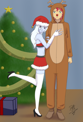 Size: 1920x2816 | Tagged: safe, artist:deltalima, sunset shimmer, trixie, equestria girls, g4, animal costume, christmas, christmas tree, clothes, costume, female, holiday, lesbian, reindeer costume, santa costume, ship:suntrix, shipping, socks, stockings, thigh highs, tree
