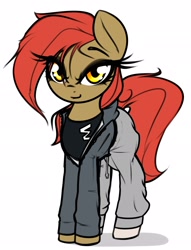 Size: 1565x2048 | Tagged: safe, artist:jetwave, oc, oc only, oc:dala vault, earth pony, pony, clothes, eye clipping through hair, female, hoodie, looking at you, mare, pants, shirt, simple background, smiling, smiling at you, solo, standing, white background