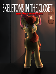 Size: 3000x4000 | Tagged: safe, artist:applejackofalltrades, apple bloom, earth pony, pony, fanfic:skeletons in the closet, g4, cover, cover art, dark, fanfic, fanfic art, fanfic cover, lantern, solo, surprised, text