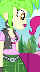 Size: 611x1080 | Tagged: safe, screencap, cherry crash, pinkie pie, human, equestria girls, equestria girls specials, g4, my little pony equestria girls: better together, my little pony equestria girls: sunset's backstage pass, clothes, cropped, ear piercing, earring, female, jewelry, miniskirt, offscreen character, piercing, plaid skirt, skirt