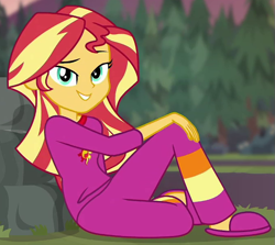 Size: 675x602 | Tagged: safe, screencap, sunset shimmer, equestria girls, g4, my little pony equestria girls: better together, wake up!, wake up!: applejack, bedroom eyes, clothes, cropped, female, pajamas, sexy, slippers, solo