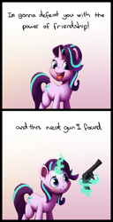 Size: 1250x2450 | Tagged: safe, artist:senaelik, starlight glimmer, pony, unicorn, and this gun i found, comic, cute, dialogue, drawthread, glimmerbetes, glowing, glowing horn, gradient background, gun, handgun, horn, inconvenient starlight, levitation, looking at you, magic, open mouth, revolver, smiling, solo, talking to viewer, telekinesis, this will end in communism, this will end in death, this will end in friendship, this will end in gulag, weapon