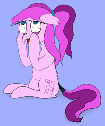 Size: 4243x5111 | Tagged: safe, artist:violet ray, derpibooru exclusive, oc, oc only, oc:violet ray, earth pony, pony, bloodshot eyes, cutie mark, hairband, sitting, solo, tail wrap, tired