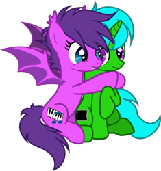 Size: 1415x1504 | Tagged: safe, artist:lightningbolt, oc, oc:green byte, oc:melody bliss, bat pony, pony, unicorn, g4, commission, ear fluff, female, hug, male, mare, needs more saturation, show accurate, simple background, spread wings, stallion, trans female, transgender, transparent background, wings