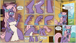 Size: 1024x576 | Tagged: safe, artist:jav-toons, cauldron bubbles, oc, oc:james "jimmy" thomas hook, pony, unicorn, anthro, anthro oc, anthro to pony, butt, character to character, comic, dialogue, female, grin, male to female, mare, plot, portal to equestria, rule 63, smiling, speech bubble, transformation, transformation sequence, transgender transformation