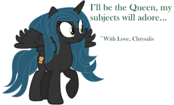 Size: 12598x7600 | Tagged: safe, alternate version, artist:laszlvfx, artist:pegasski, queen chrysalis, alicorn, pony, g4, absurd resolution, alternate design, alternate hairstyle, alternate universe, cute, cutealis, female, happy, mare, ponified, raised hoof, simple background, smiling, solo, text, transparent background, vector