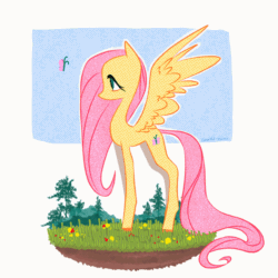 Size: 2000x2000 | Tagged: safe, artist:syrupyyy, fluttershy, butterfly, pegasus, pony, g4, animated, dither strobe, female, flower, gif, grass, high res, mare, solo, tree