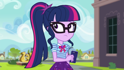 Size: 1280x720 | Tagged: safe, screencap, sci-twi, twilight sparkle, equestria girls, g4, my little pony equestria girls: better together, text support, bowtie, canterlot high, cellphone, clothes, cutie mark, cutie mark on clothes, geode of telekinesis, glasses, magical geodes, phone, ponytail, smartphone, solo