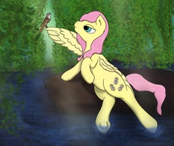 Size: 2618x2202 | Tagged: safe, artist:snow quill, fluttershy, bird, g4, high res, lake, leaning, leaves, nature, water