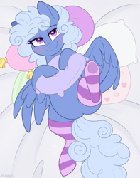 Size: 867x1100 | Tagged: safe, artist:higglytownhero, oc, oc only, pegasus, pony, blushing, clothes, featureless crotch, female, pillow, smiling, socks, solo, spread wings, wings