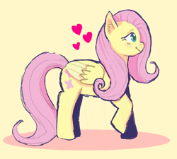 Size: 640x575 | Tagged: safe, artist:inkyberry, fluttershy, pegasus, pony, g4, cute, female, heart, mare, profile, shyabetes, simple background, solo, yellow background