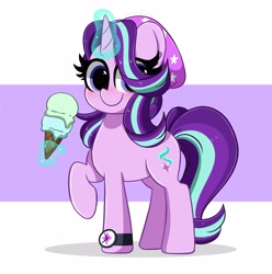 Size: 3861x3900 | Tagged: safe, artist:kittyrosie, starlight glimmer, pony, unicorn, g4, abstract background, beanie, blushing, clock, cute, food, glimmerbetes, glowing horn, hair over one eye, hat, high res, horn, ice cream, magic, smiling, solo, telekinesis, that pony sure does love ice cream