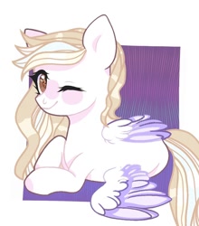 Size: 950x1080 | Tagged: safe, artist:lacey.wonder, oc, oc only, pegasus, pony, abstract background, lying down, one eye closed, pegasus oc, prone, smiling, solo, starry eyes, two toned wings, wingding eyes, wings, wink